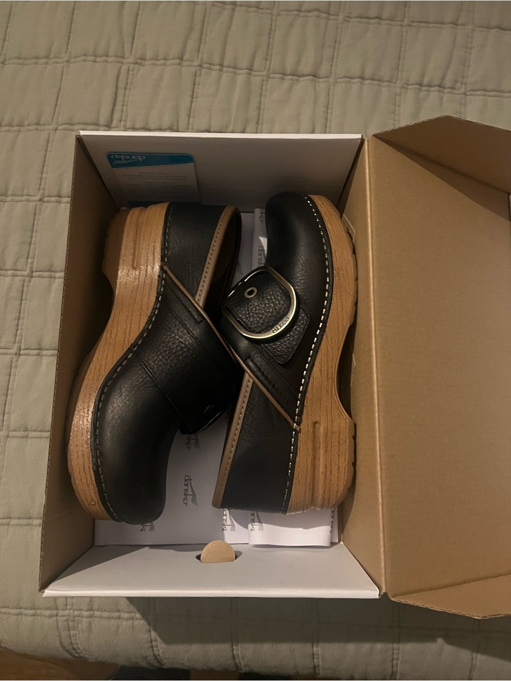 Dansko Black Leather Buckle Clogs with Wood-Effect Platform